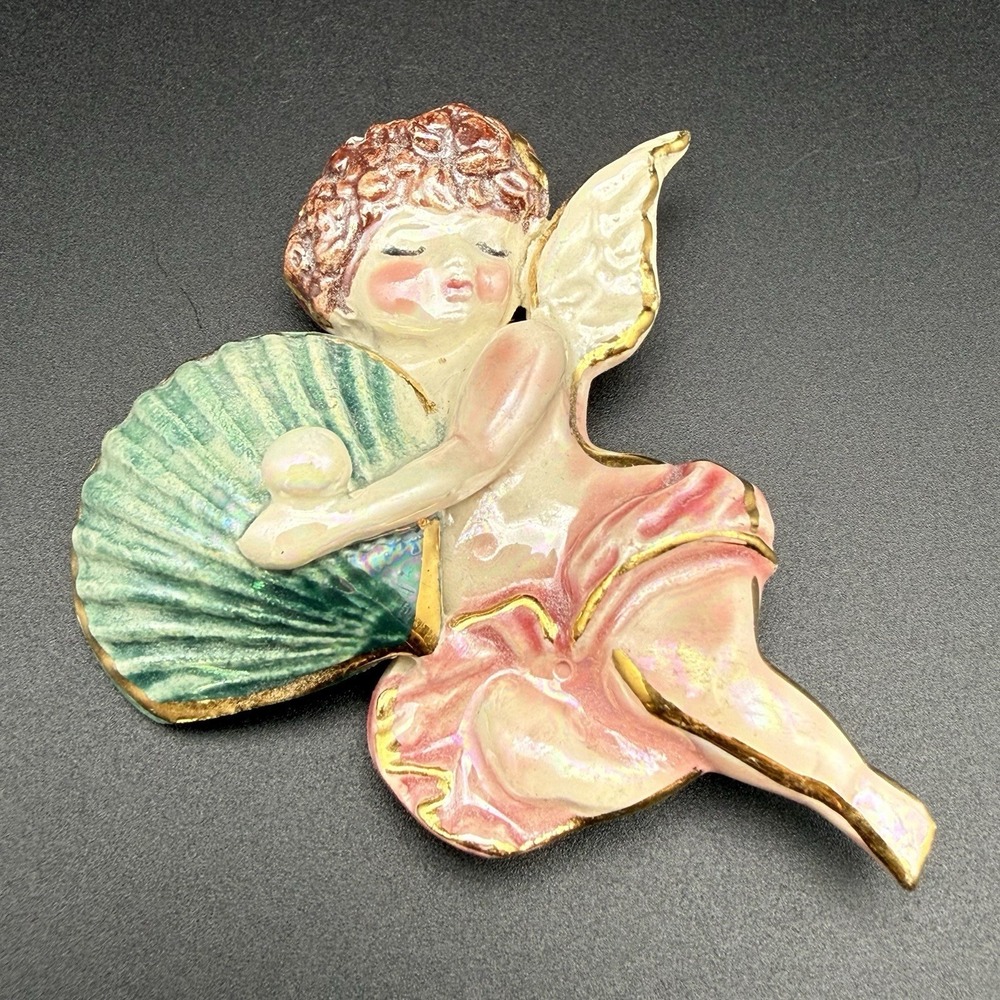 Vintage Cherub Angel Brooch Sea Shell Pearl Hand Painted Porcelain Gold Accents